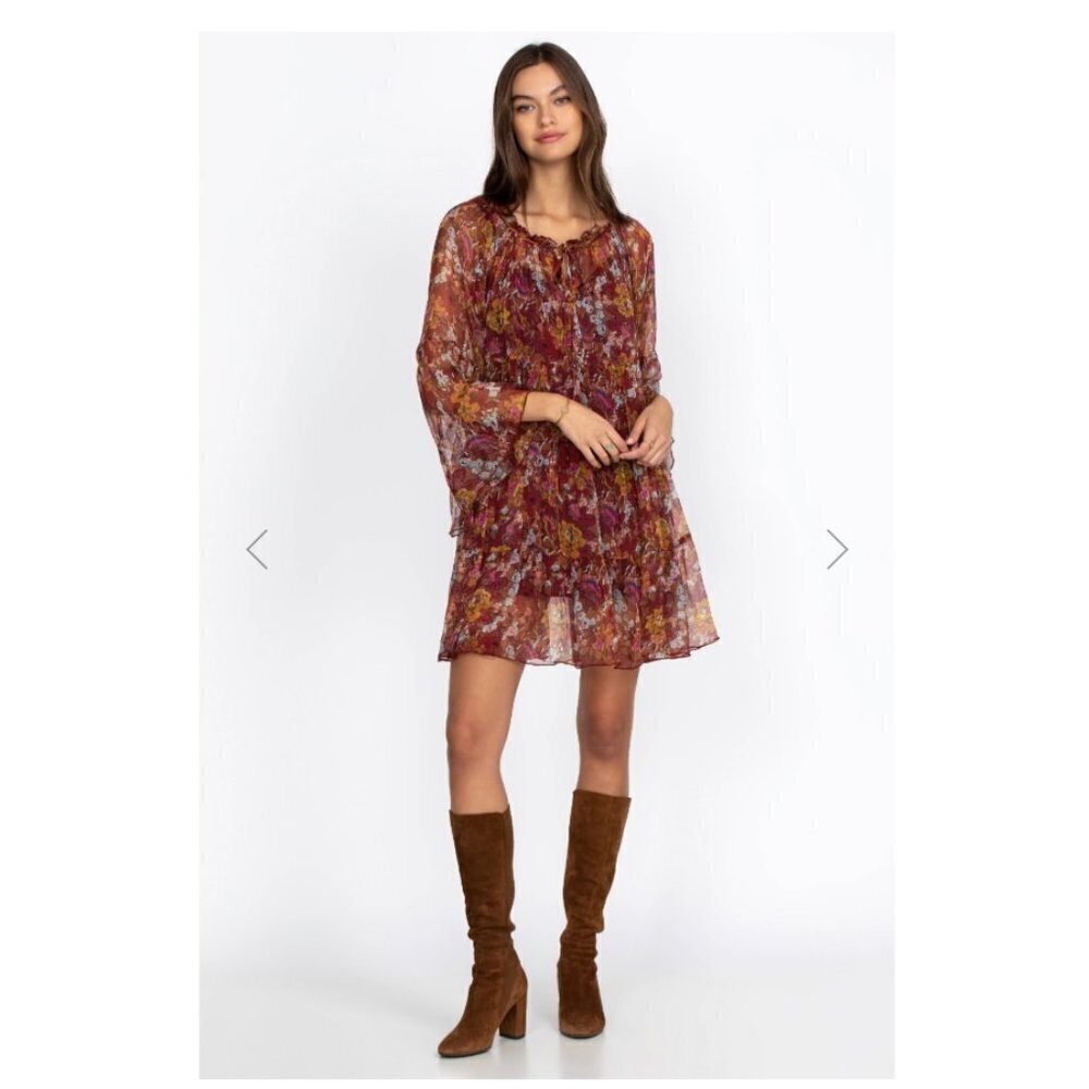 Johnny Was Clay Orange Silk Daisy Flare Sleeve Tassel Oversized Medium Dress